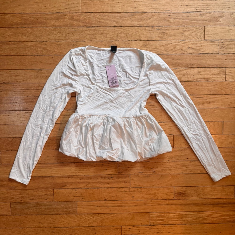 Wild Fable White Long Sleeve Bubble Hem Top Square Neck‎ Small NWT